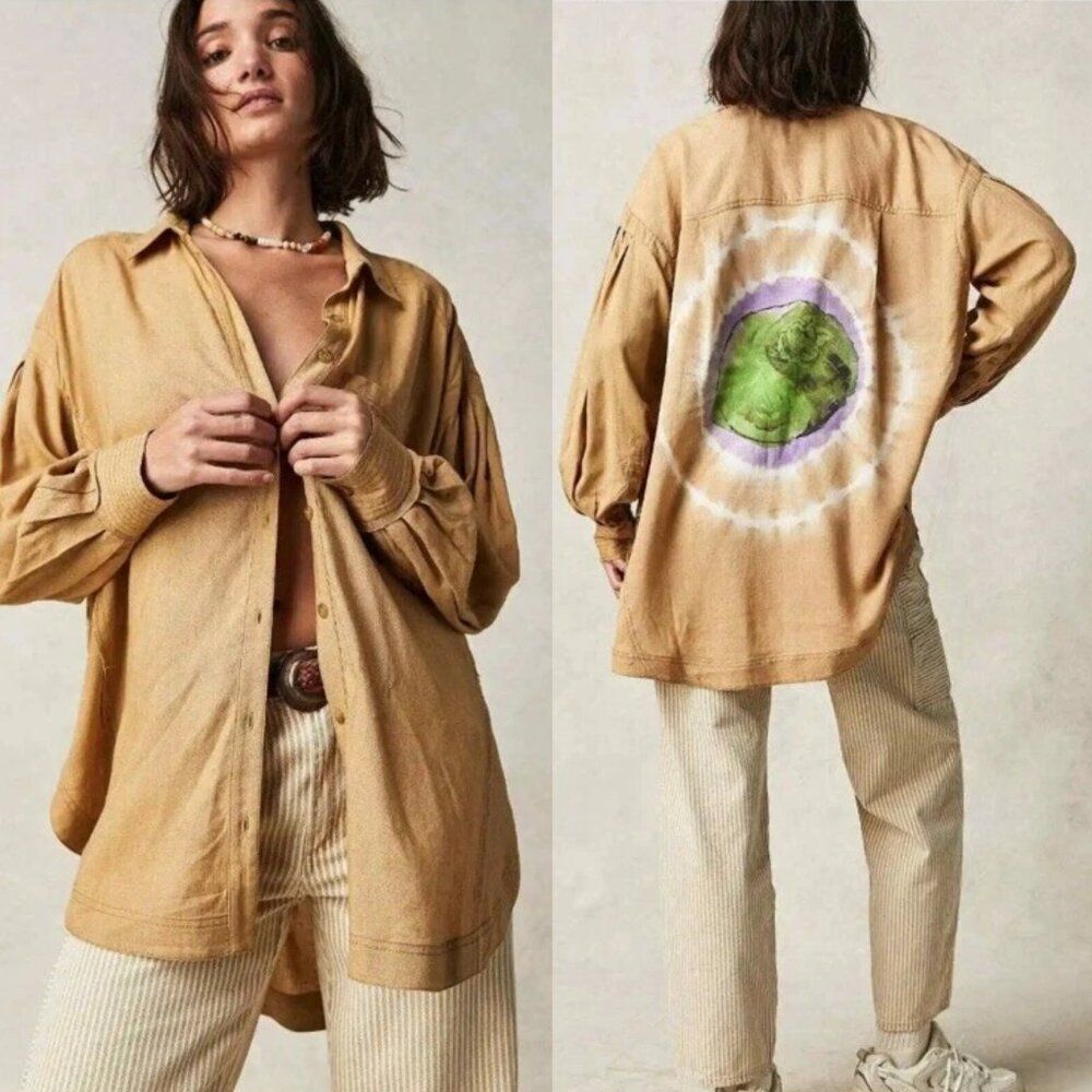 Free People Yin Yang Tie Dye Graphic Button Down in Earth Combo Size XS $198